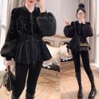 Set: Puff-sleeve Sequined Blouse + Skinny Jeans