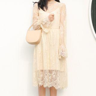 Set: Long-sleeve Lace Midi Dress + Strappy Mini Dress