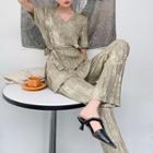 Set: Short-sleeve Tie-waist Top + Straight Leg Pants