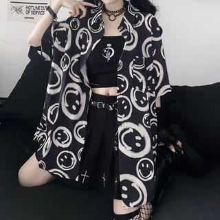 Short-sleeve Smiley Face Print Shirt Black - One Size
