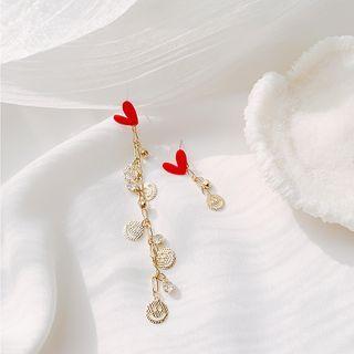 Non-matching Alloy Heart & Smiley Rhinestone Dangle Earring 1 Pair - Red - One Size