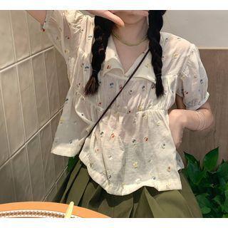 Short-sleeve Floral Embroidered Blouse Floral - Beige - One Size