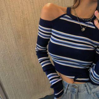 Long-sleeve Cutout Halter Striped Knit Top Blue - One Size