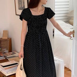 Cap-sleeve Dotted Midi A-line Dress Dotted - Black - One Size