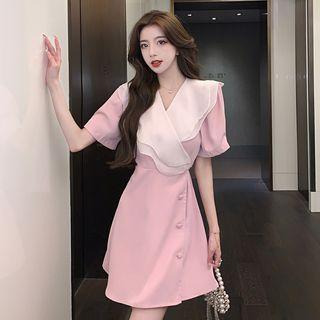 Elbow-sleeve V-neck Ruffled Mini A-line Dress