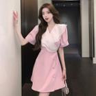 Elbow-sleeve V-neck Ruffled Mini A-line Dress