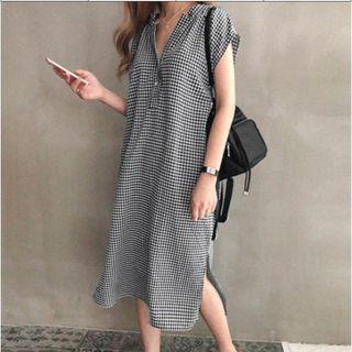 Cap-sleeve Plaid Midi Shirtdress Black - One Size