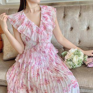 Cap-sleeve Floral Print Pleated Dress