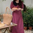 Puff-sleeve Plaid Midi A-line Dress Plaid - Black & Pink - One Size