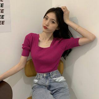 Short-sleeve Square-neck Tie-back Knit Cropped Top