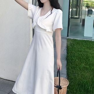 Ruffled-trim V-neck Midi Dress