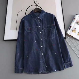 Heart Embroidered Denim Shirt Dark Blue - One Size
