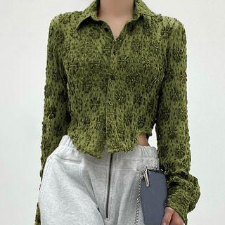 Long Sleeve Collar Textured Button-up Crop Blouse