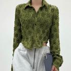 Long Sleeve Collar Textured Button-up Crop Blouse