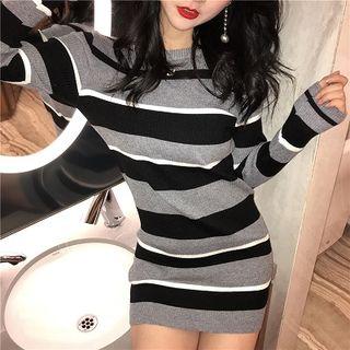 Knit Long-sleeve Stripe Mini Sheath Dress Gray - One Size