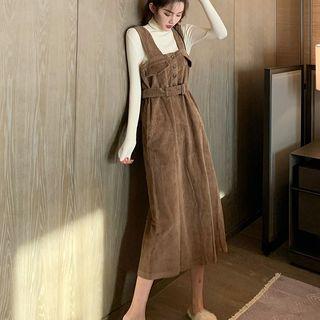 Set: Mock-turtleneck Knit Top + Corduroy Midi Jumper Dress
