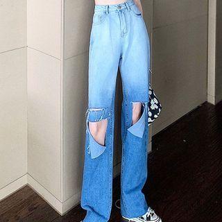 Distressed Faded Wide-leg Jeans