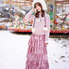 Set: Flower Print Pullover + Velvet Midi Tiered Skirt