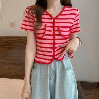 V-neck Striped Pocket Cropped Top