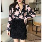 Print Blazer/ Furry Mini A-line Skirt