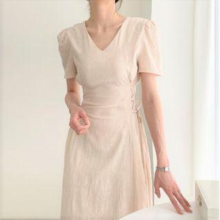 Short-sleeve Lace Up Midi A-line Dress