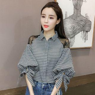 Mesh Panel Plaid Lantern-sleeve Blouse