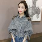 Mesh Panel Plaid Lantern-sleeve Blouse