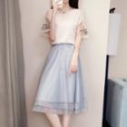 Set: Flower Embroidered Short-sleeve Blouse + Mesh A-line Skirt