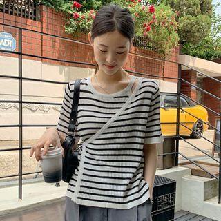 Mock Two-piece Tie-strap Striped Knit Top Stripes - Black & White - One Size