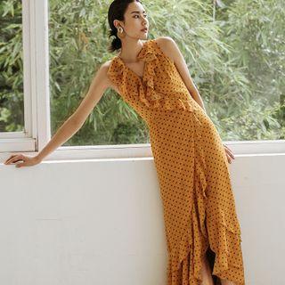 Dotted Sleeveless Ruffle Hem Maxi Sundress