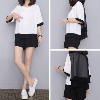 Set: Color Block Elbow-sleeve T-shirt + Shorts