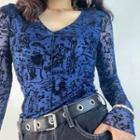 Long-sleeve V-neck Jacquard Mesh Top
