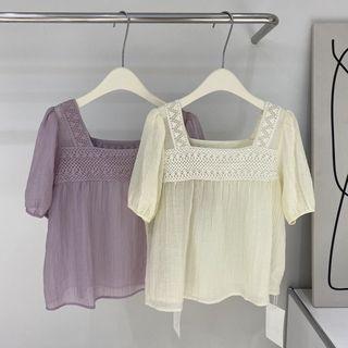 Short-sleeve Square Neck Plain Embroidered Blouse