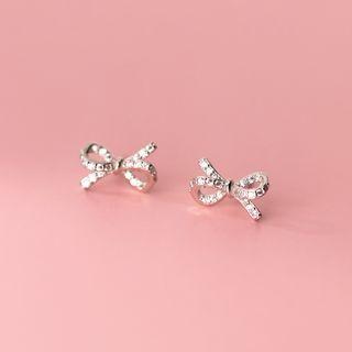 Rhinestone Bow Stud Earring 1 Pair - S925 Silver - Silver - One Size