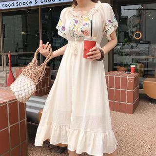 Tie-neck Floral Embroidered Dress Beige - One Size