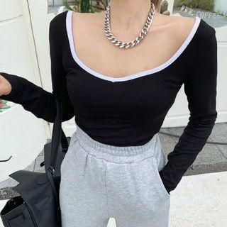 V Neck Color-block Long-sleeve Top