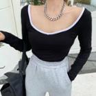 V Neck Color-block Long-sleeve Top