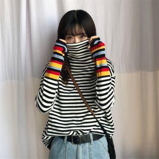 Turtleneck Stripe Color Block Long-sleeve Knit Top