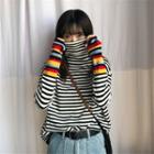 Turtleneck Stripe Color Block Long-sleeve Knit Top