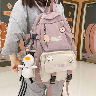 Letter Embroidered Backpack / Badge / Duck Charm / Set