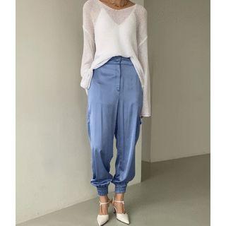 Band-waist Satin Jogger Pants Blue - One Size