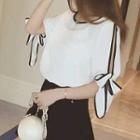 Bow Elbow-sleeve Chiffon Top As Shown In Figure - One Size
