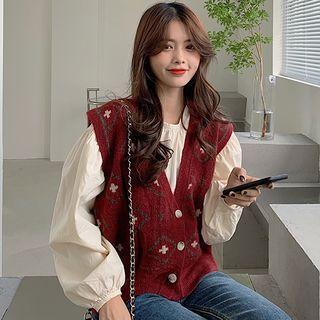 Shirred Blouse / Cross Print Knit Vest