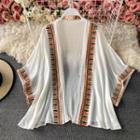Embroidered Open Front Elbow- Sleeve Cardigan White - One Size