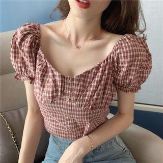 Puff-sleeve Plaid Blouse Red - One Size