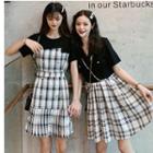 Short-sleeve Plaid Panel Double-breasted Dress