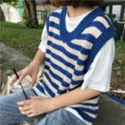 Striped V-neck Knit Vest Blue - One Size