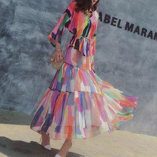 Set: Printed Tie-waist Top + Maxi Skirt