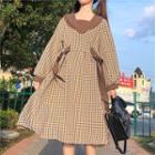 Puff-sleeve Gingham Midi A-line Dress Gingham - Brown - One Size