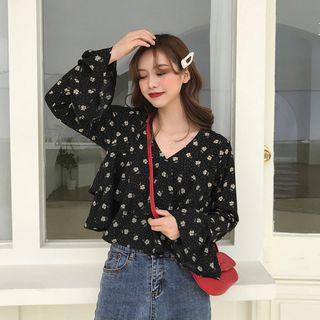 V-neck Frilled-detail Floral Print Top Black - One Size
